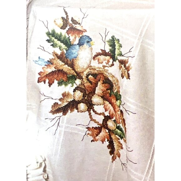 Autumn Nest Cross Stitch Pattern Featuring Bluebird & Oak Leaves - Picture 2 of 4